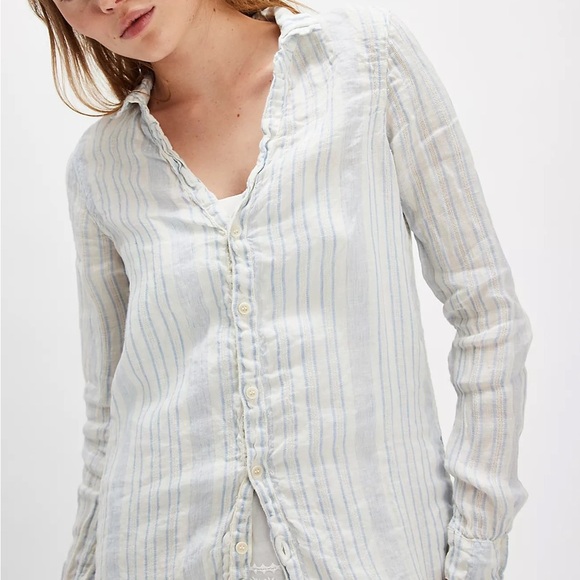 CP Shades Romy 100% Linen Top 1012-5251 Blue/White Striped Oversized High Low Sm - Picture 1 of 9